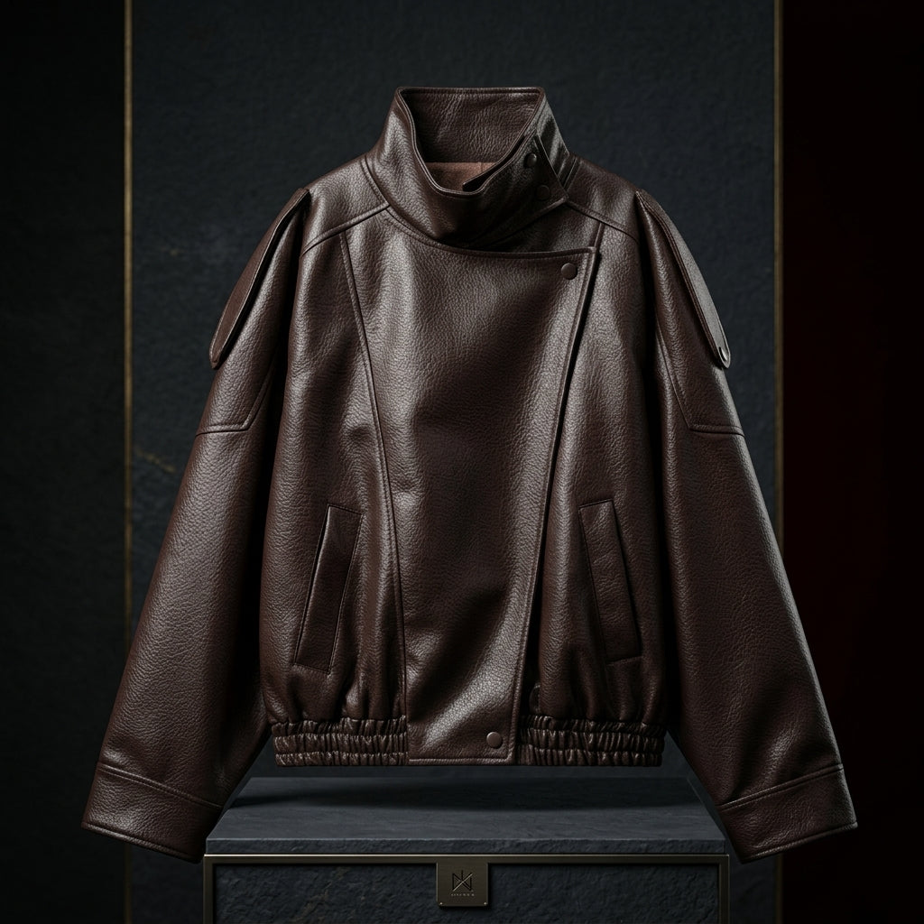 Women's Oversized Vegan Leather Stand-Collar Jacket