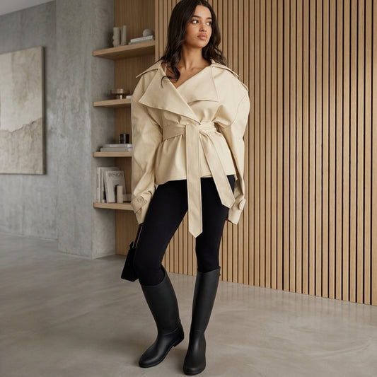Women's Belted Trench Coat with V-Neck Collar
