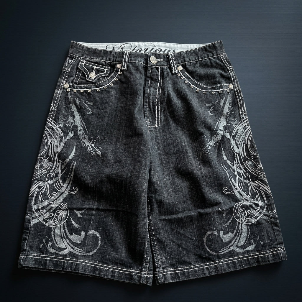 Pantaloncini in denim baggy con ricami pesanti stile Y2K