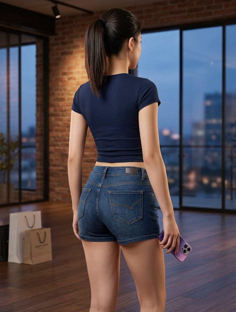 Shorts in denim stretch skinny a vita bassa