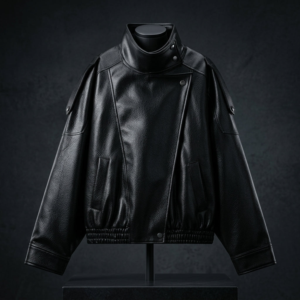 Women's Oversized Vegan Leather Stand-Collar Jacket