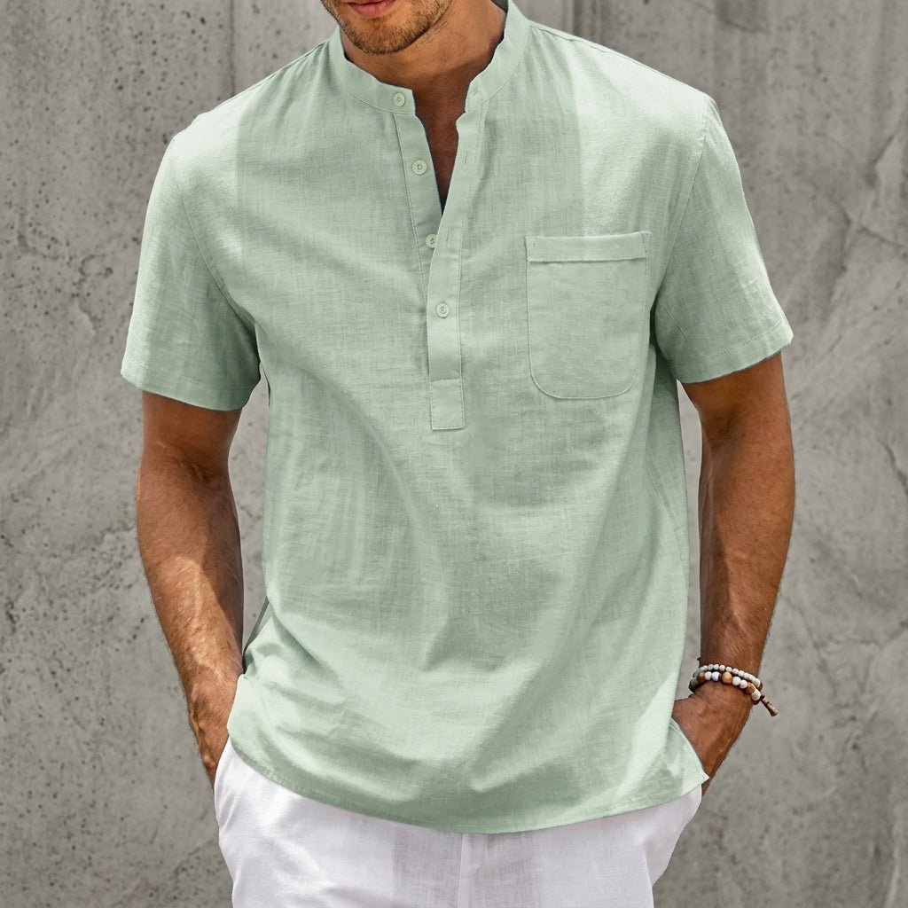 Men's Linen-Blend Short Sleeve Henley Shirt