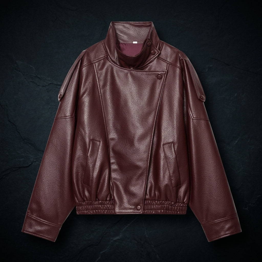 Women's Oversized Vegan Leather Stand-Collar Jacket