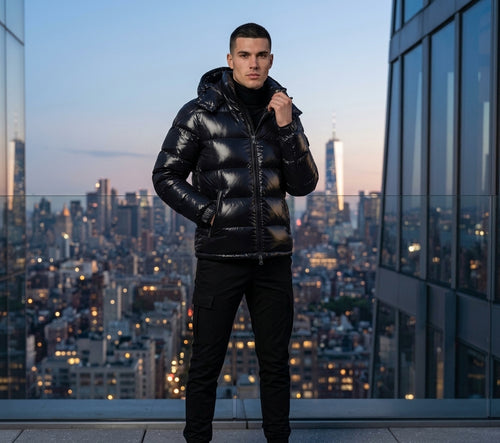 Men's Glossy Down Puffer Jacket with Detachable Hood