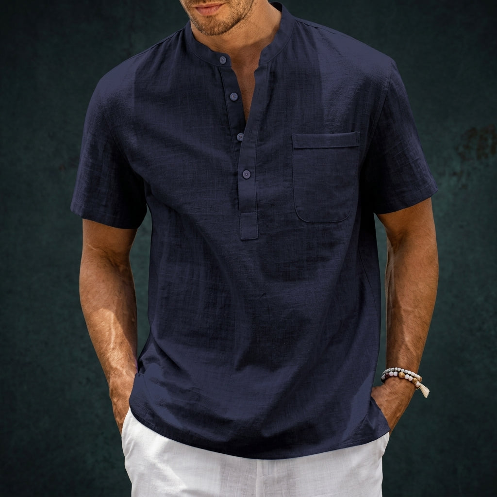 Men's Linen-Blend Short Sleeve Henley Shirt