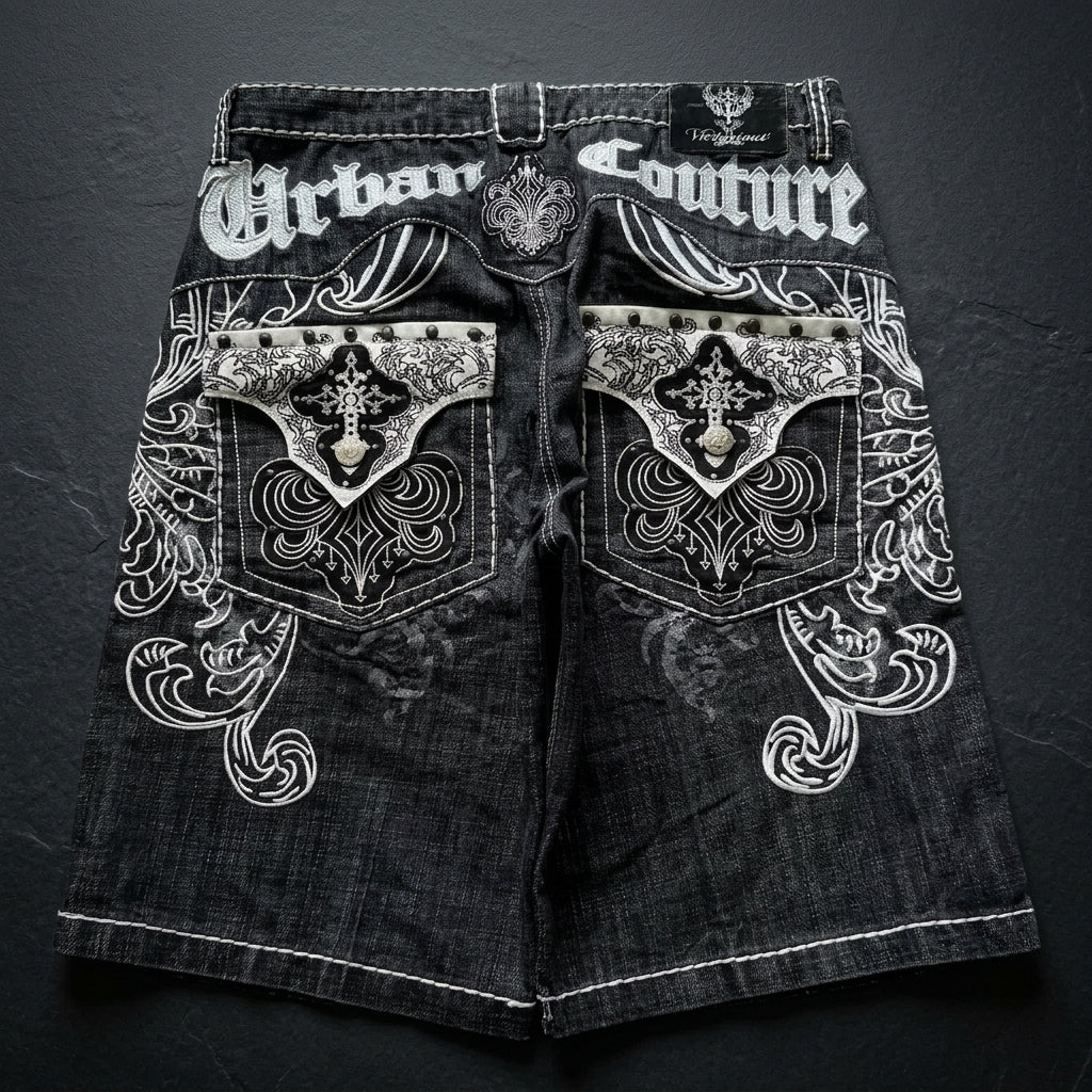 Pantaloncini in denim baggy con ricami pesanti stile Y2K