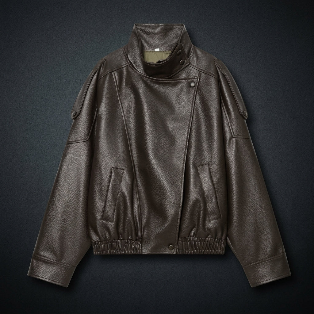 Women's Oversized Vegan Leather Stand-Collar Jacket