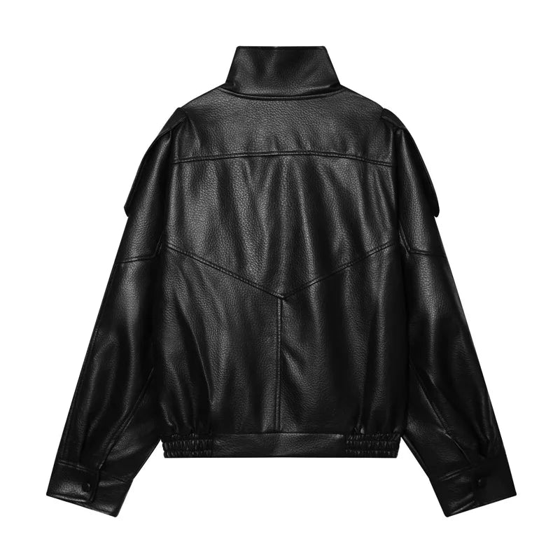 Women's Oversized Vegan Leather Stand-Collar Jacket