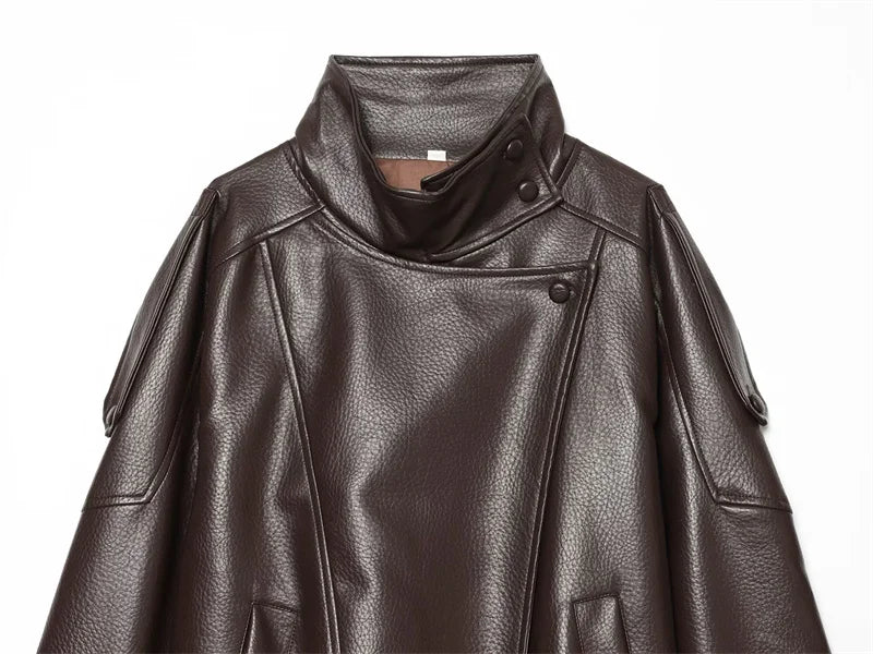 Women's Oversized Vegan Leather Stand-Collar Jacket