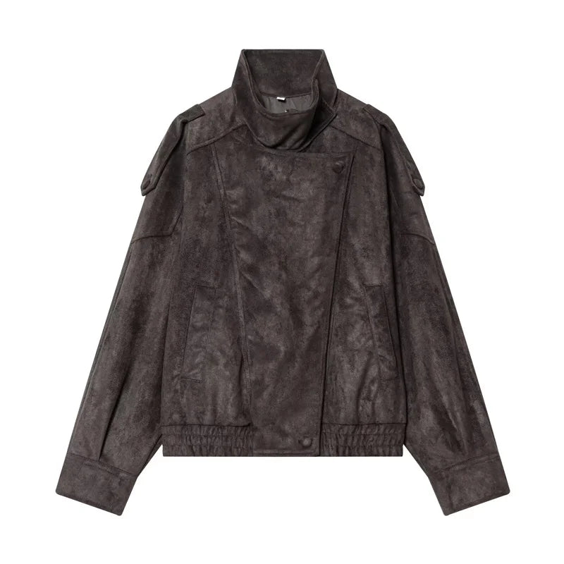 Women's Oversized Vegan Leather Stand-Collar Jacket