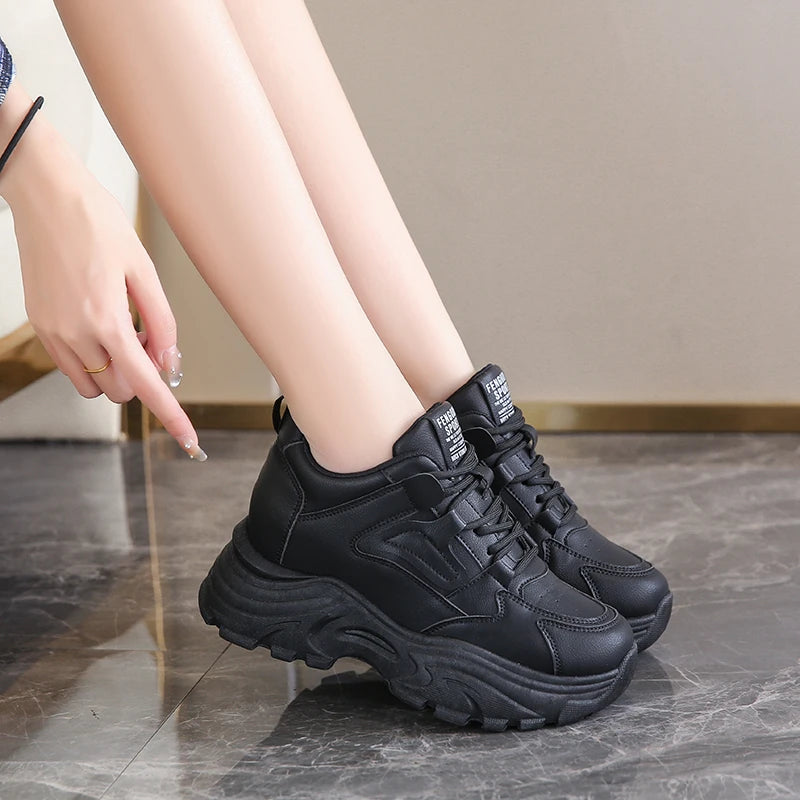 Women's Platform Lace-Up Sneakers – White & Black