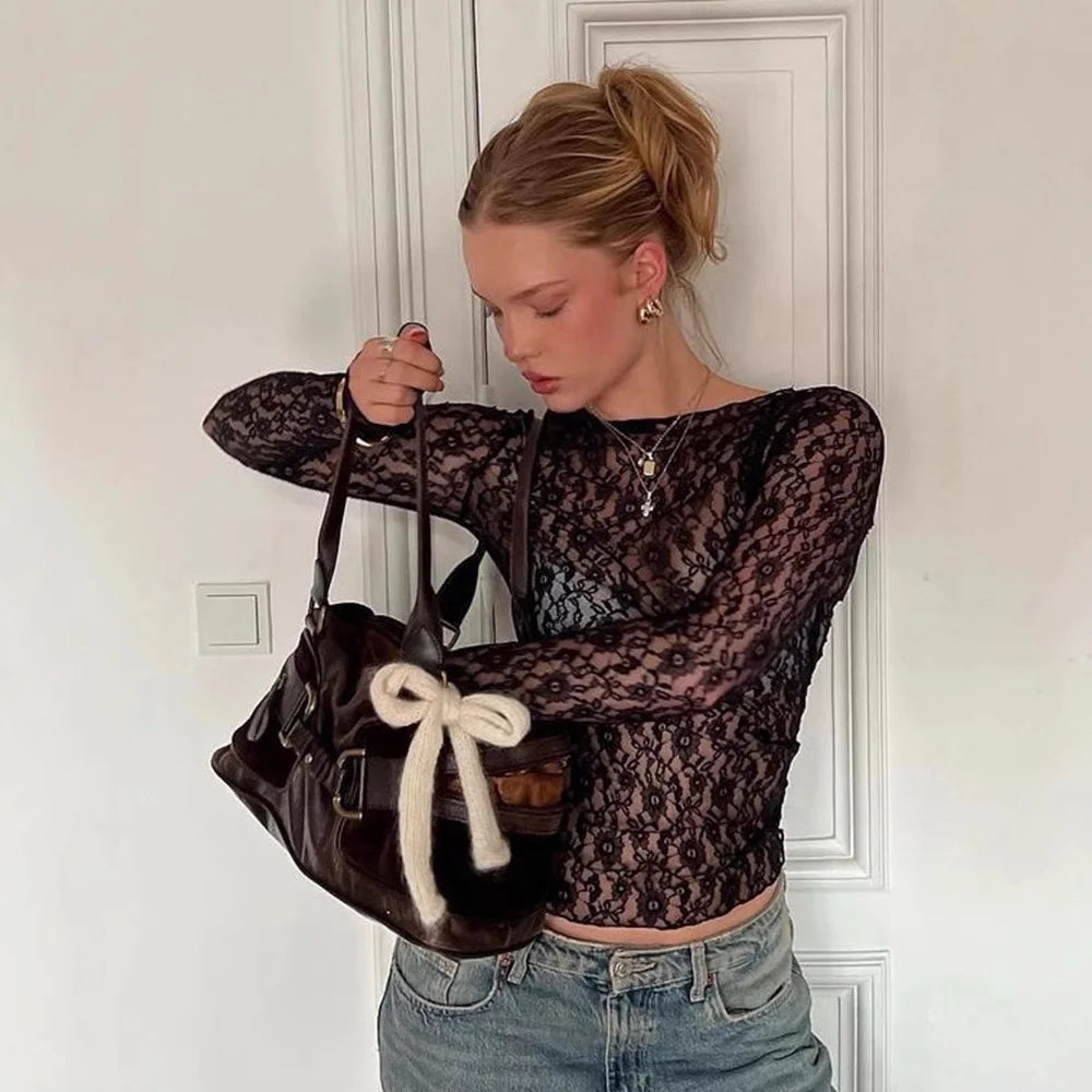 Women's Long-Sleeve Lace-Trim Slim Tee