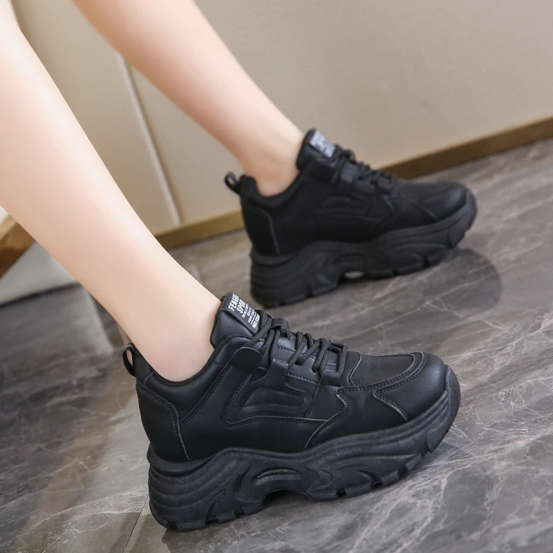 Women's Platform Lace-Up Sneakers – White & Black