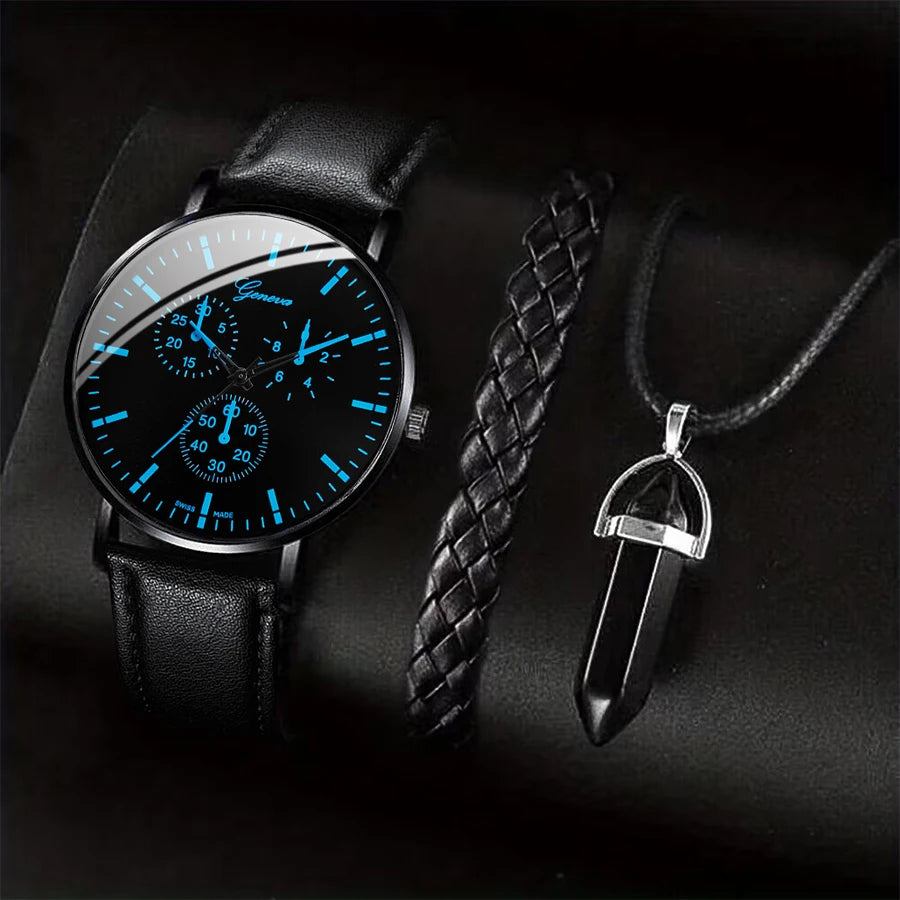 Men's Quartz Watch Gift Set with Bracelet & Necklace