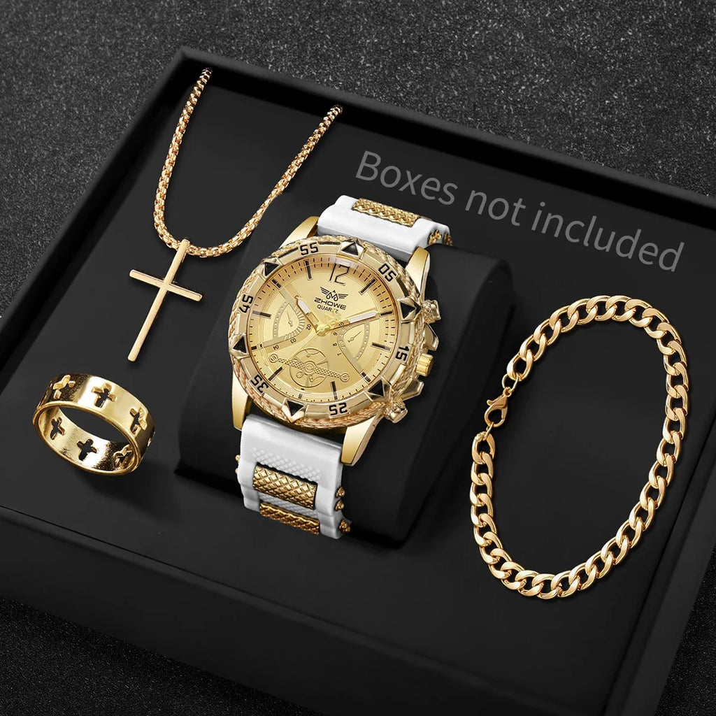 Men's 4-Piece Arabic Dial Quartz Watch & Jewelry Set