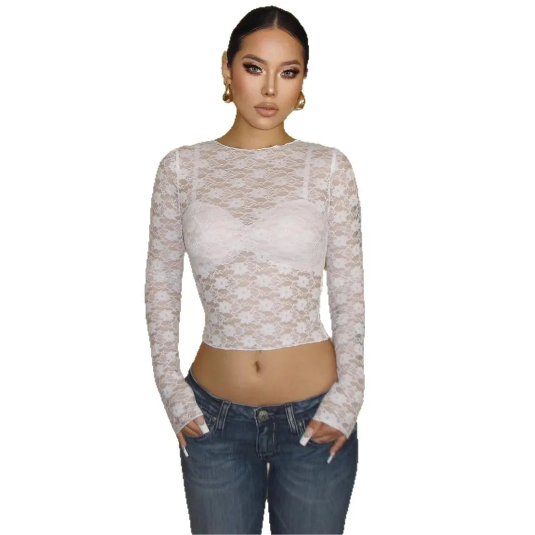 T-shirt attillata a maniche lunghe con bordo in pizzo
