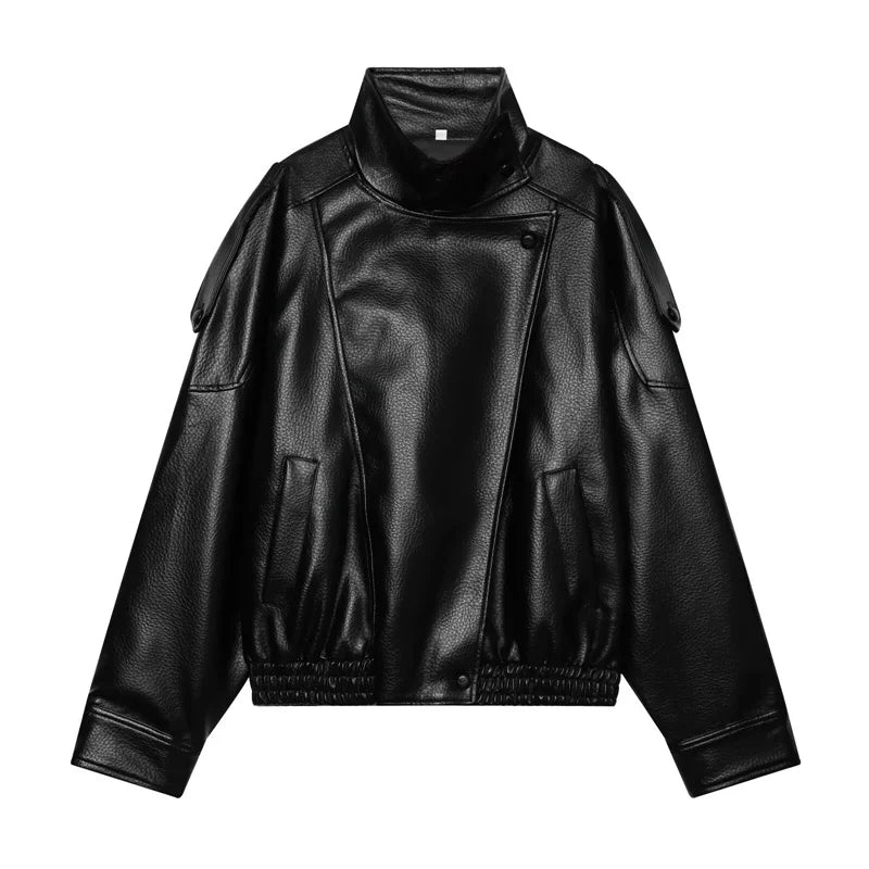 Women's Oversized Vegan Leather Stand-Collar Jacket