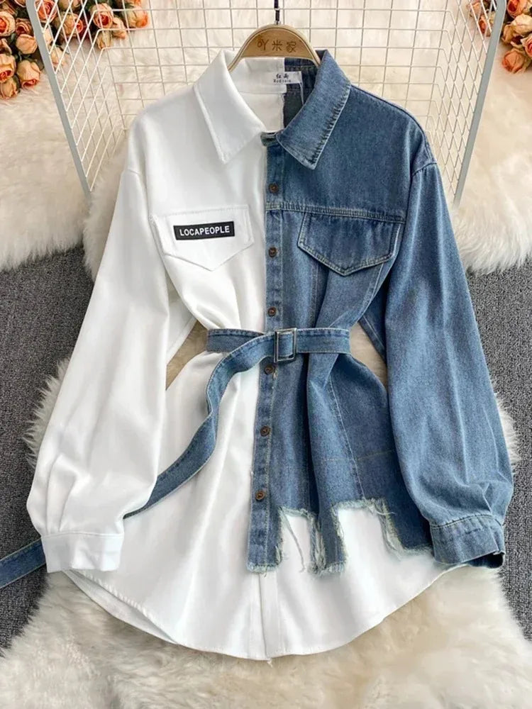 Sovracamicia ibrida in denim e cotone a contrasto
