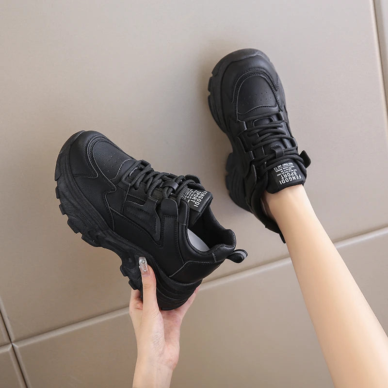 Women's Platform Lace-Up Sneakers – White & Black