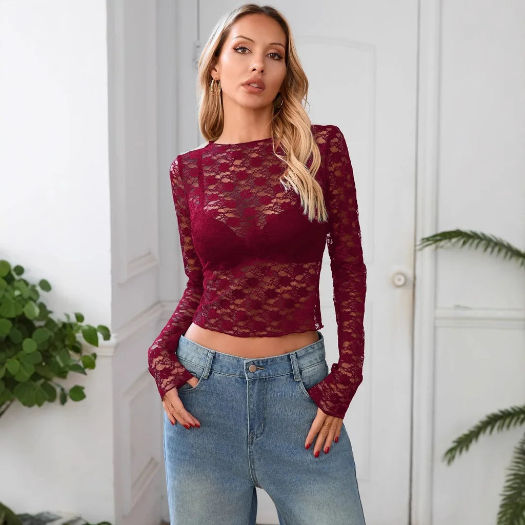 Women's Long-Sleeve Lace-Trim Slim Tee