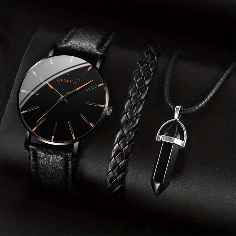 Men's Quartz Watch Gift Set with Bracelet & Necklace