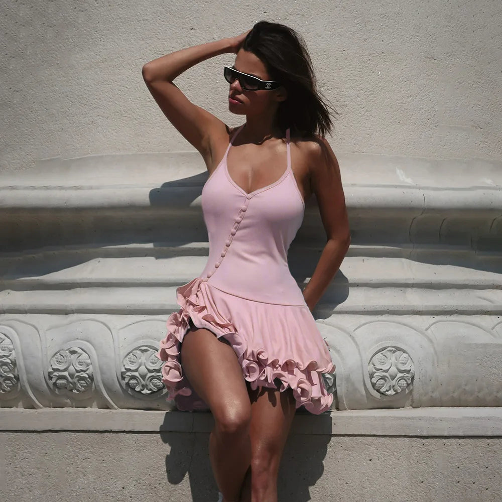 Women's Asymmetrical Button & Ruffle Mini Dress