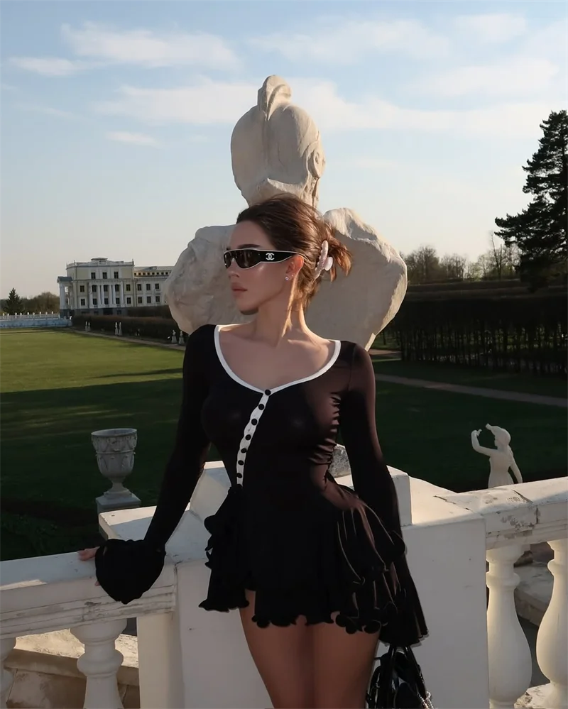 Women's Asymmetrical Button & Ruffle Mini Dress