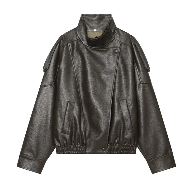 Women's Oversized Vegan Leather Stand-Collar Jacket