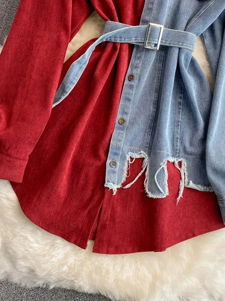 Sovracamicia ibrida in denim e cotone a contrasto