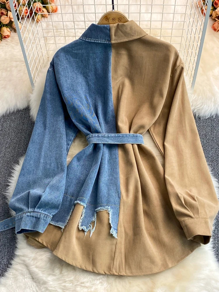Sovracamicia ibrida in denim e cotone a contrasto