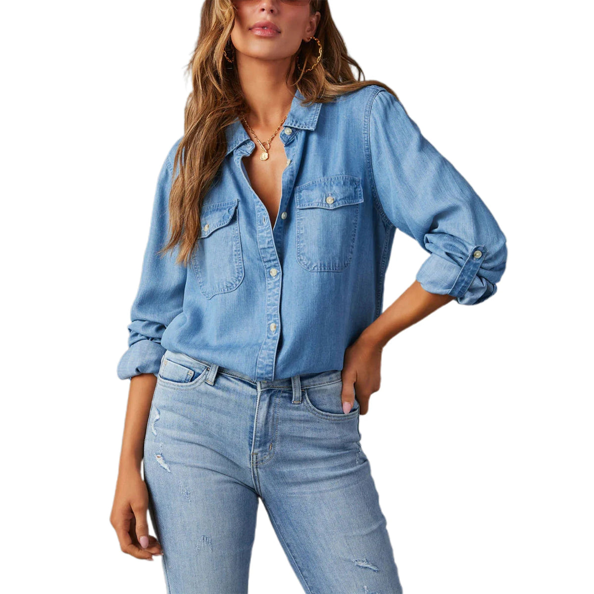 Women's Slim-Fit Solid Color Denim Button-Down Shirt