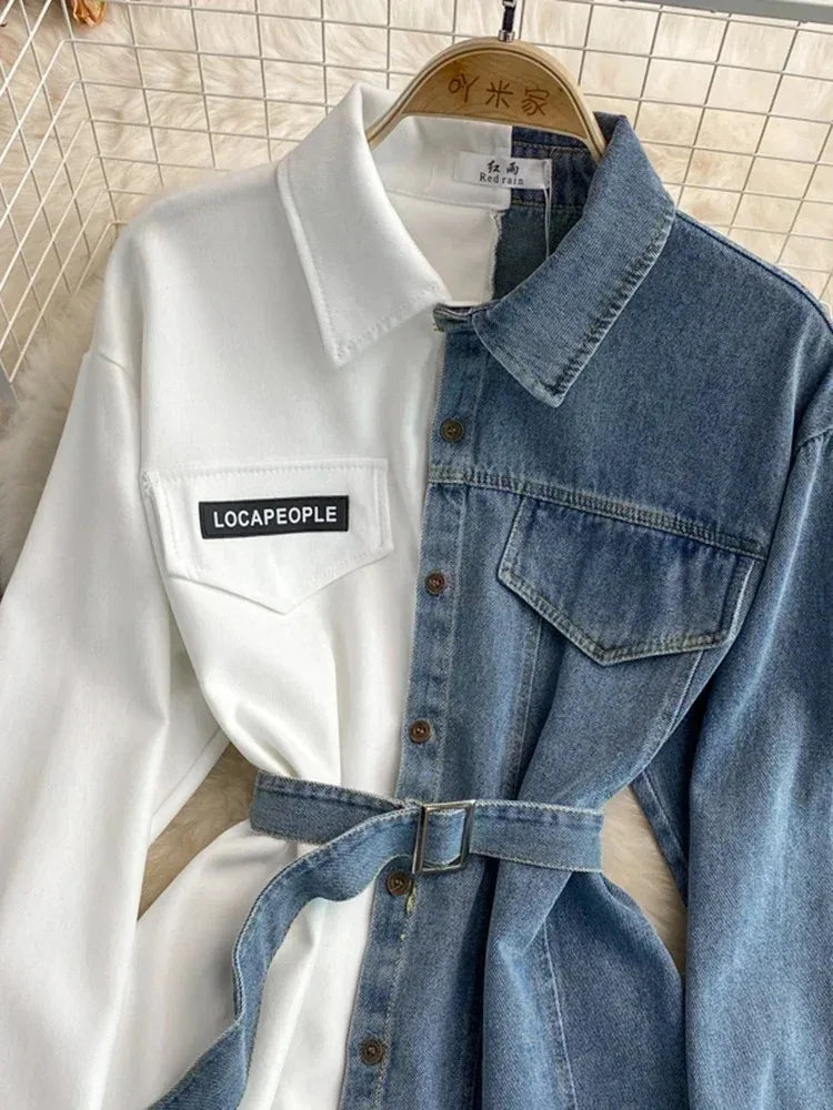 Sovracamicia ibrida in denim e cotone a contrasto