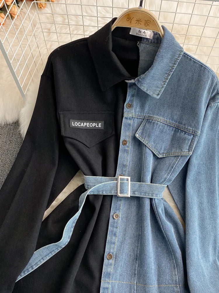 Sovracamicia ibrida in denim e cotone a contrasto