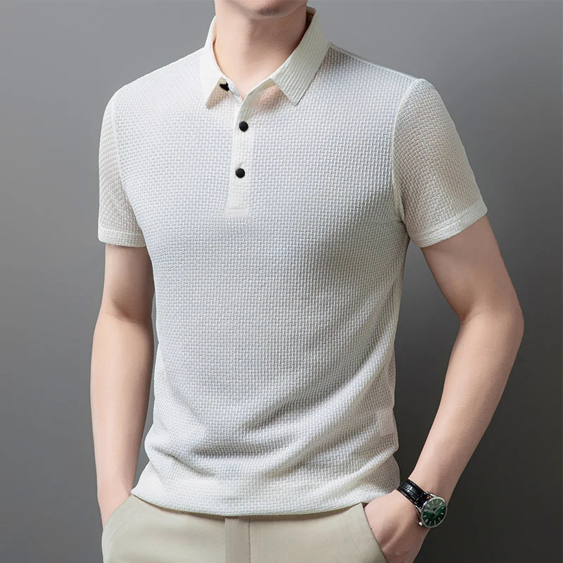 Polo a maniche corte da uomo in maglia lavorata – Top in maglia estivo casual traspirante con colletto a contrasto