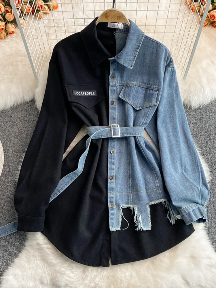 Sovracamicia ibrida in denim e cotone a contrasto