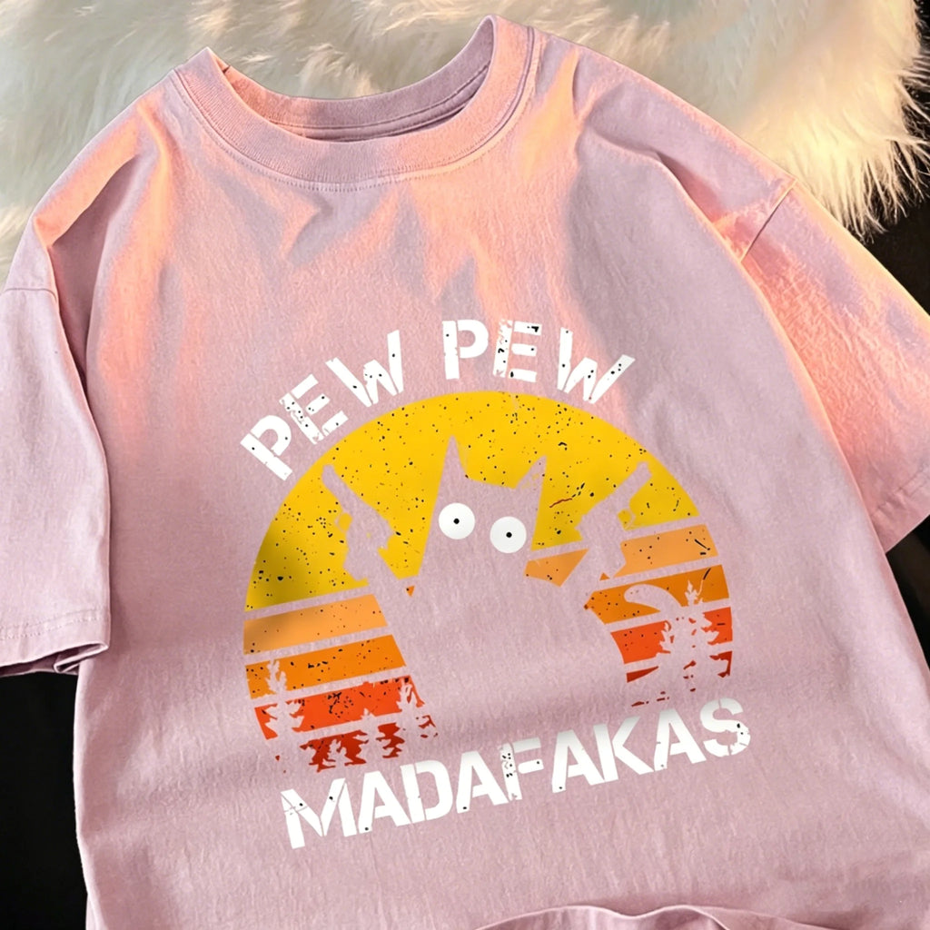 T-shirt con grafica Gatto Retrò "Pew Pew Madafakas"