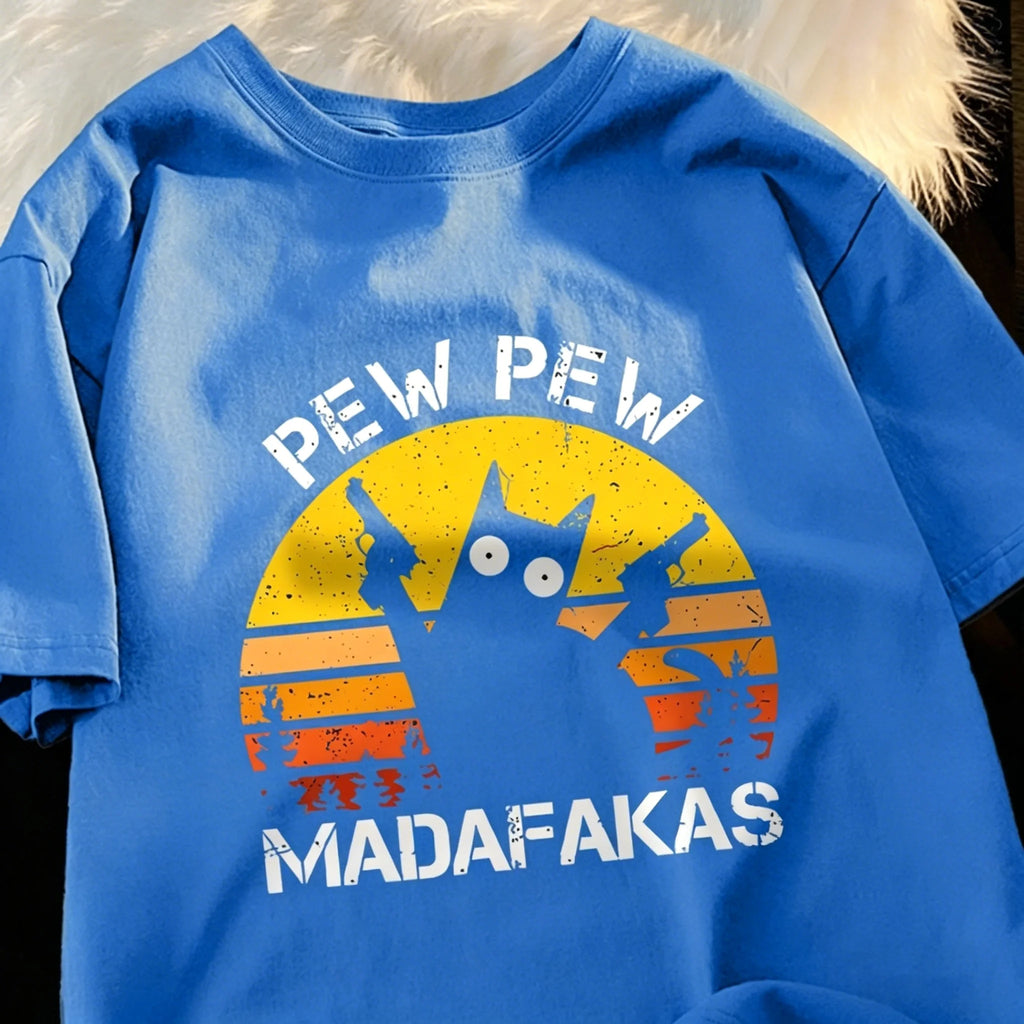 T-shirt con grafica Gatto Retrò "Pew Pew Madafakas"