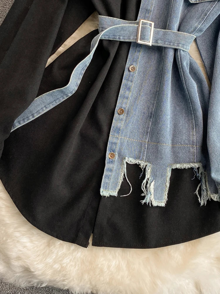 Sovracamicia ibrida in denim e cotone a contrasto