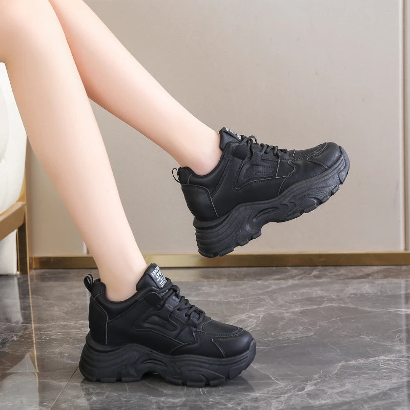 Women's Platform Lace-Up Sneakers – White & Black