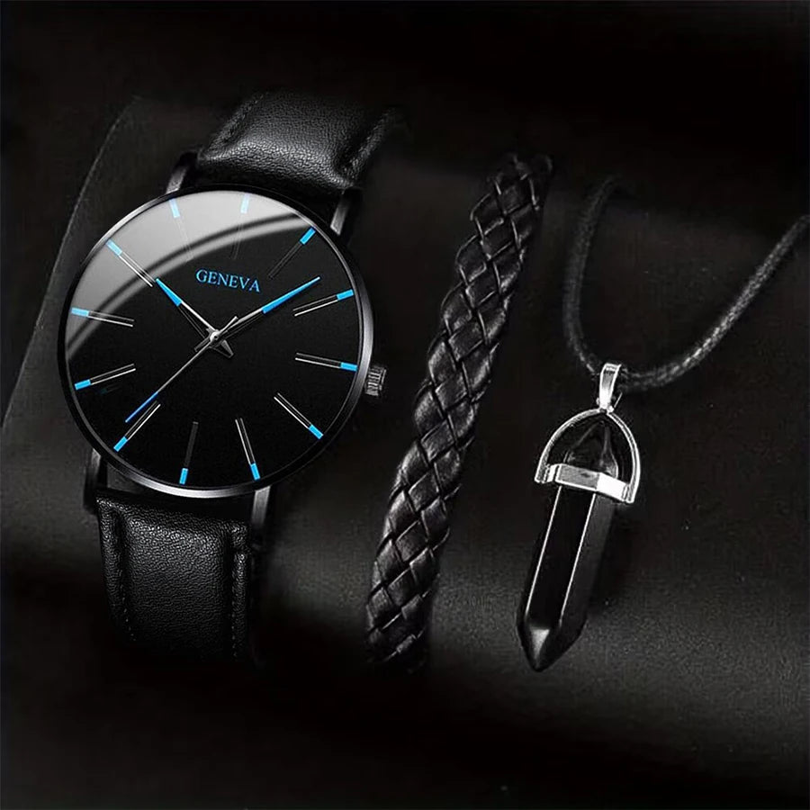 Men's Quartz Watch Gift Set with Bracelet & Necklace
