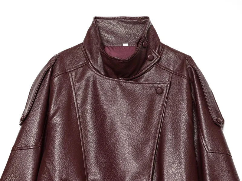 Women's Oversized Vegan Leather Stand-Collar Jacket