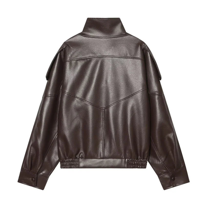 Women's Oversized Vegan Leather Stand-Collar Jacket
