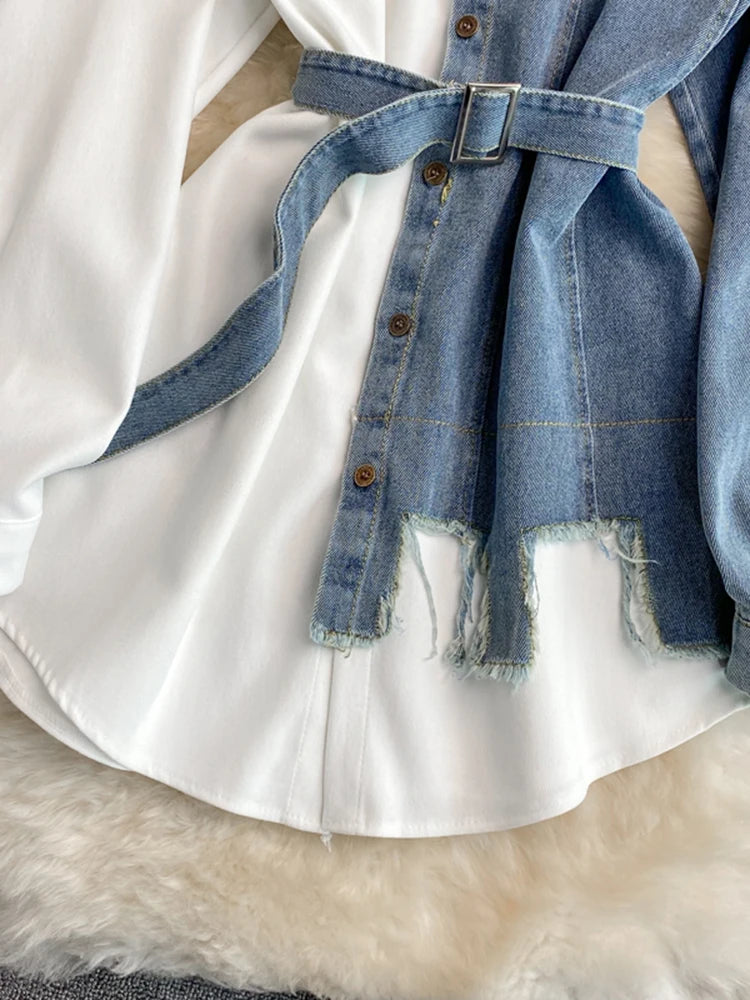 Sovracamicia ibrida in denim e cotone a contrasto