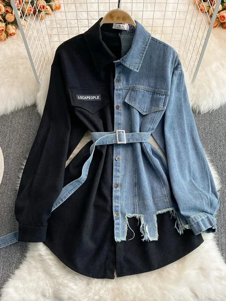 Sovracamicia ibrida in denim e cotone a contrasto