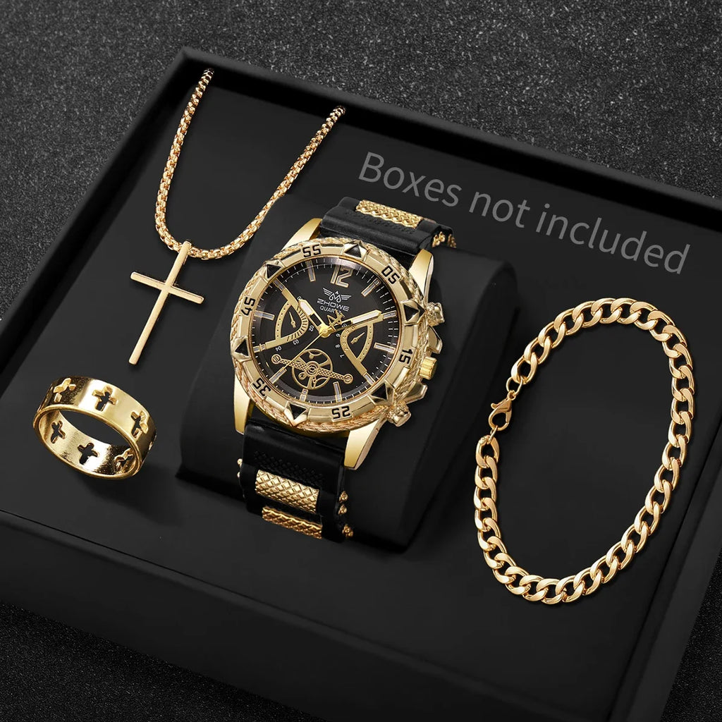 Men's 4-Piece Arabic Dial Quartz Watch & Jewelry Set