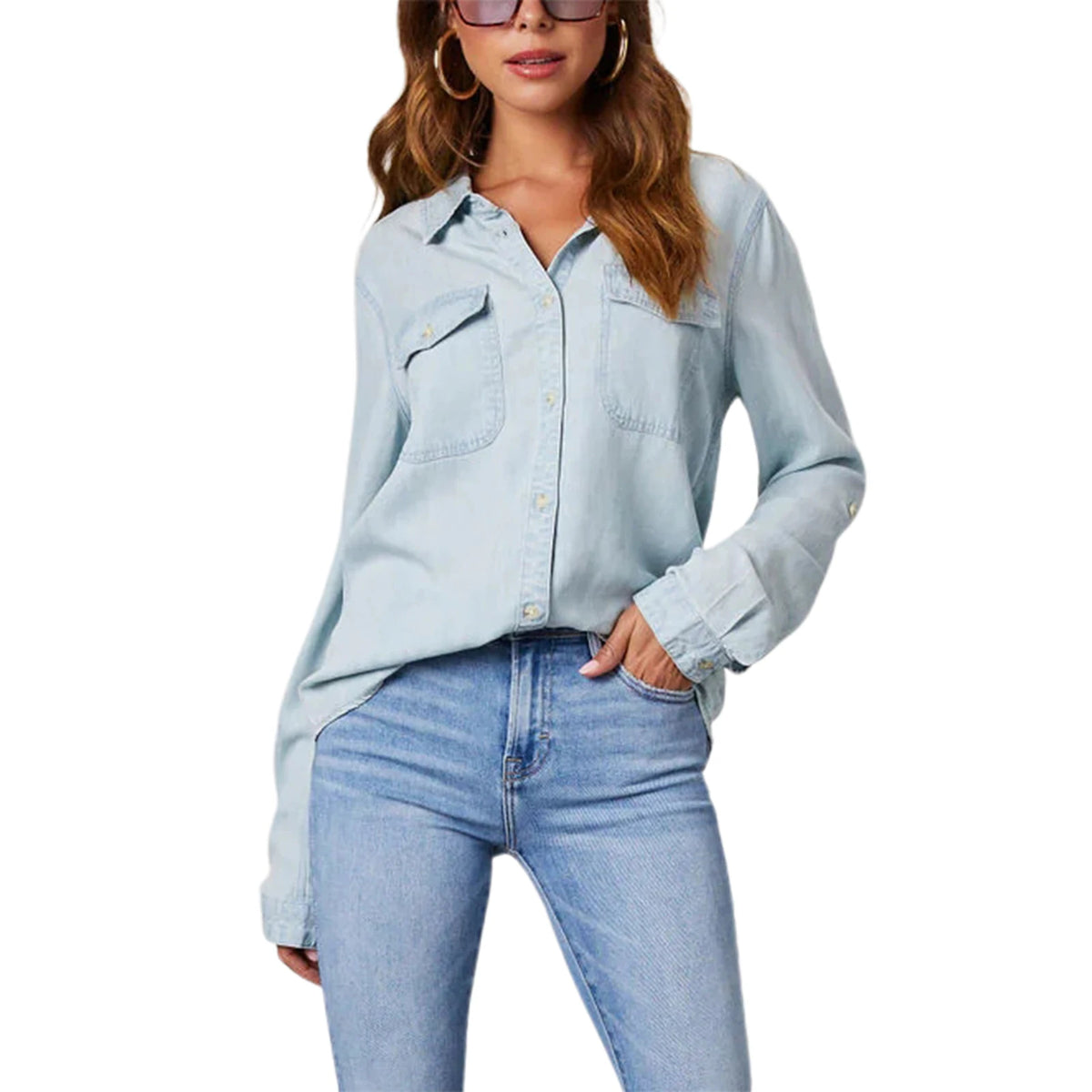 Women's Slim-Fit Solid Color Denim Button-Down Shirt