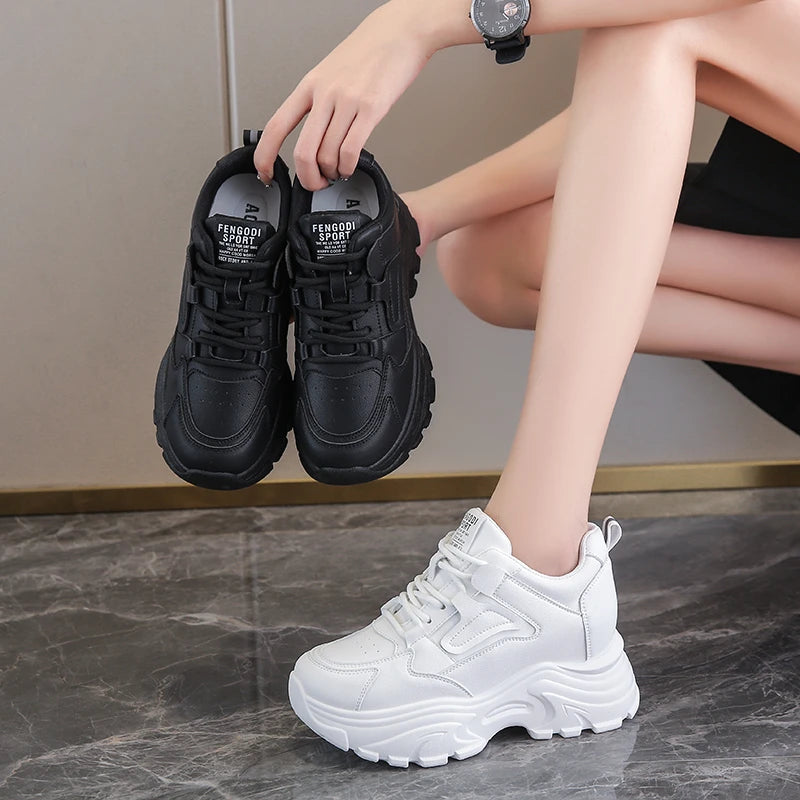 Women's Platform Lace-Up Sneakers – White & Black