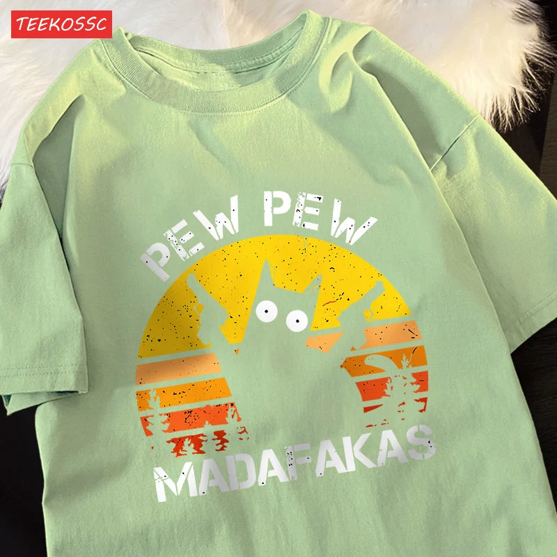 T-shirt con grafica Gatto Retrò "Pew Pew Madafakas"
