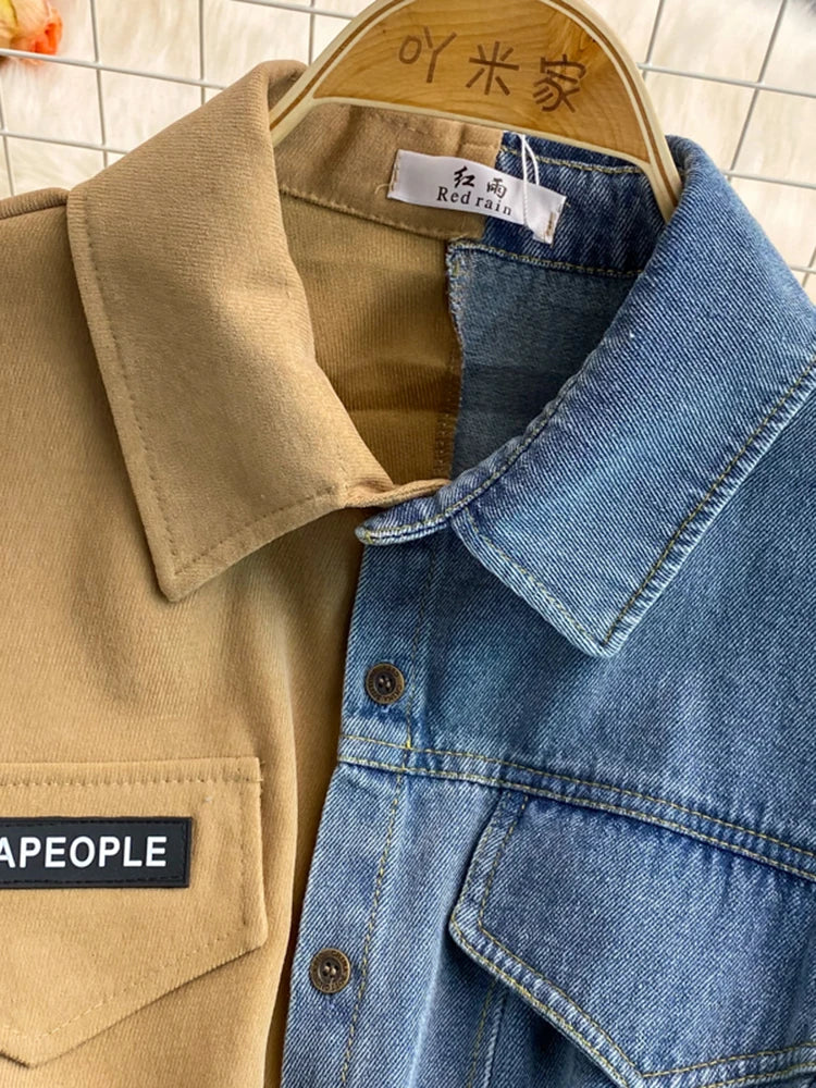 Sovracamicia ibrida in denim e cotone a contrasto