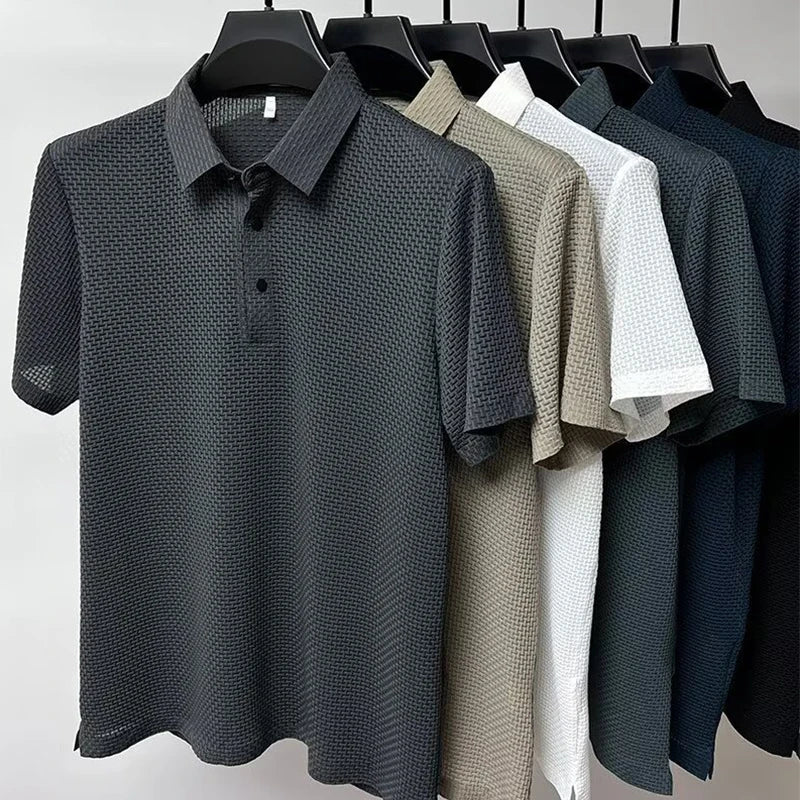 Polo a maniche corte da uomo in maglia lavorata – Top in maglia estivo casual traspirante con colletto a contrasto
